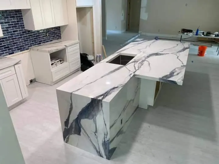 Statement Waterfall Island, view 1 — custom countertop project in Palm Beach County